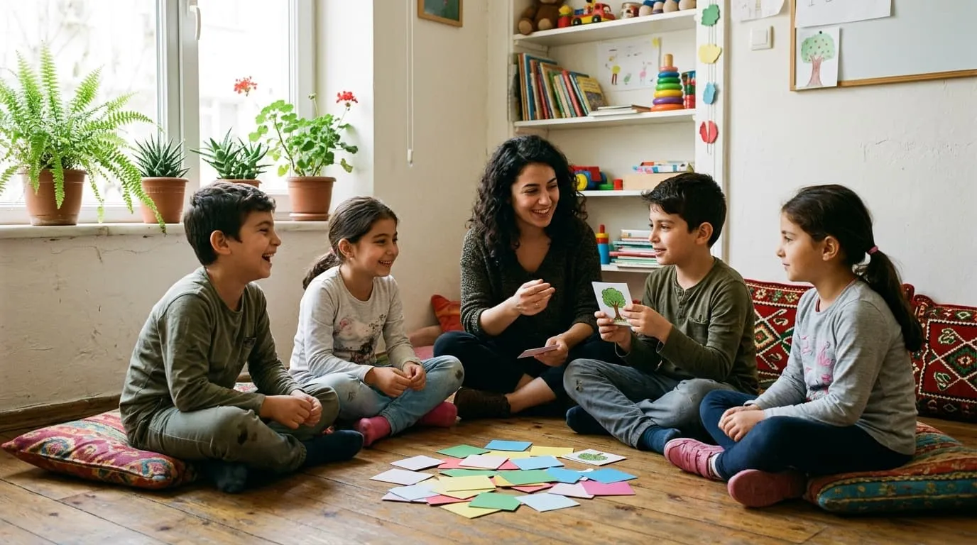 Minderlerde oturan çocuklar öğretmenleriyle kart oyunu oynuyor