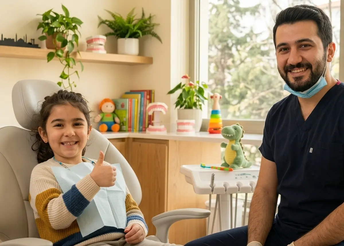 Çocuk hasta koltukta pedodonti hekimiyle gülümsüyor, elinde oyuncak diş fırçası