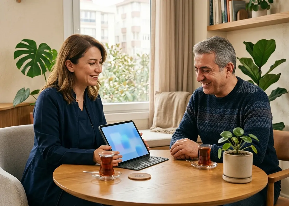 Hekim ve hasta masada tedavi planını tablet ekranında birlikte inceliyor