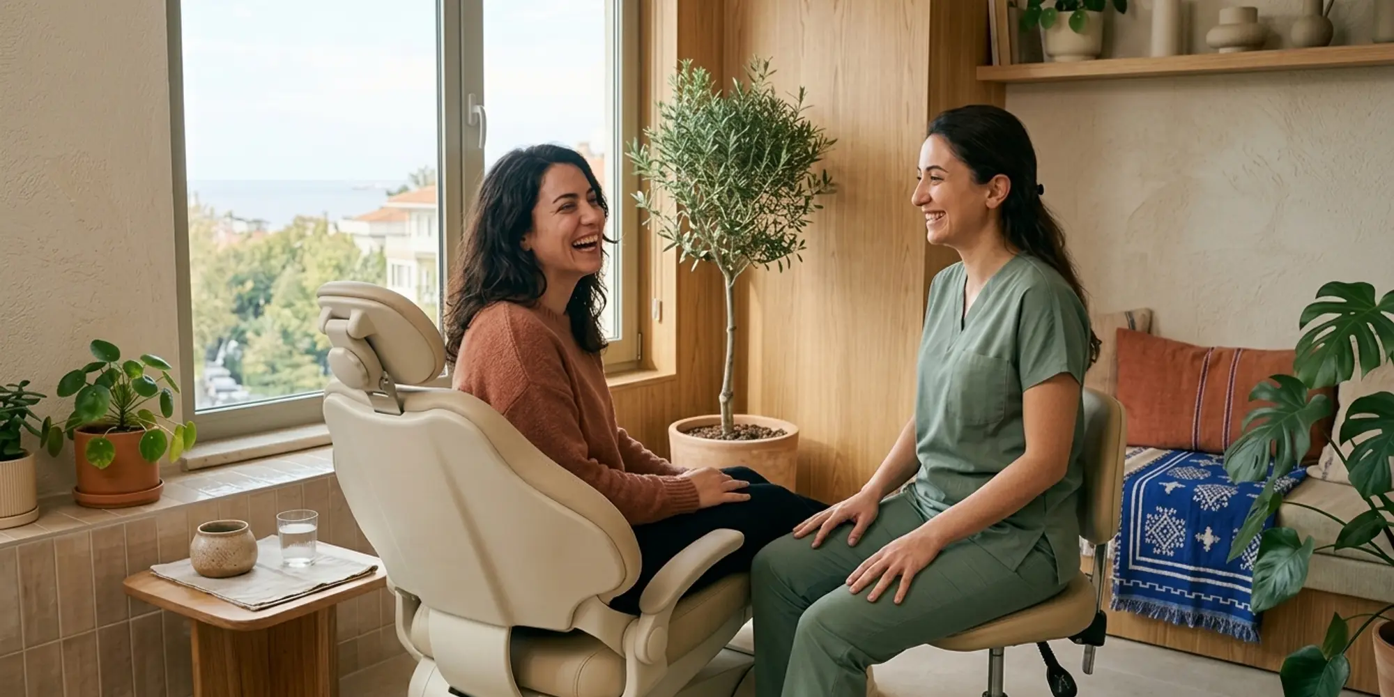 Denta Vera Kadıköy şubesinde hekim ve hasta muayene öncesi sohbet ediyor