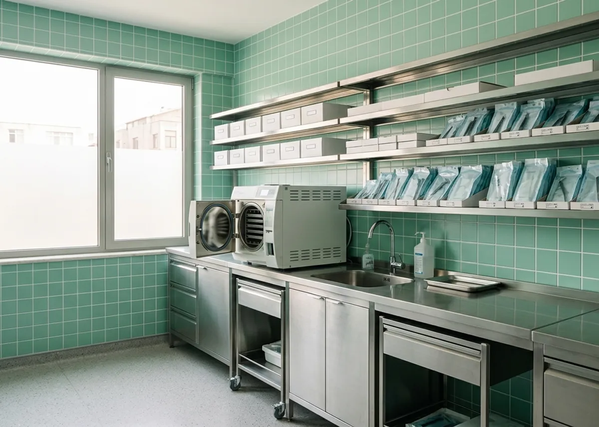 Sterilizasyon odası, otoklav ve paketlenmiş aletler