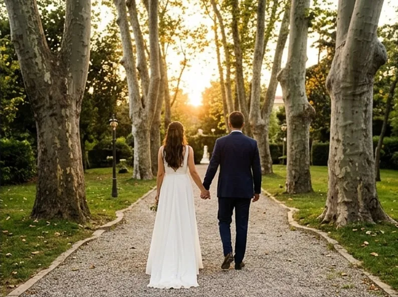 Gelin ve damat gün batımında çınarlı çakıl yolda el ele yürüyor, arkadan