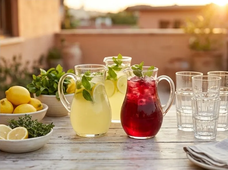 Gün batımında masada nane yapraklı ev limonatası ve gül şerbeti sürahileri