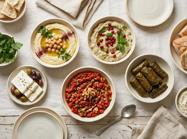 Keten örtü üstünde kil kâselerde humus, közlenmiş patlıcan, ezme, yaprak sarma ve beyaz peynir