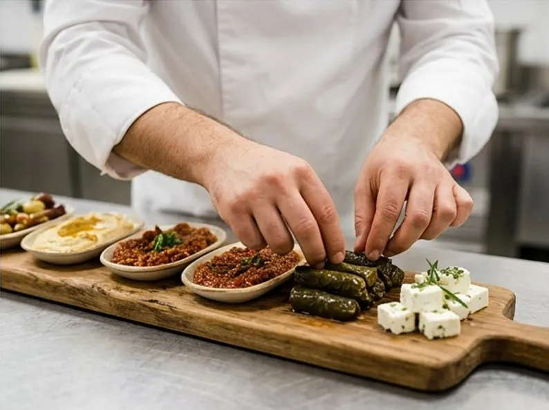 Şefin elleri ahşap servis tahtasına humus, ezme, yaprak sarma ve beyaz peynir diziyor