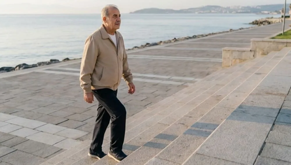 Yaşlı bir adam sahilde basamak çıkıyor