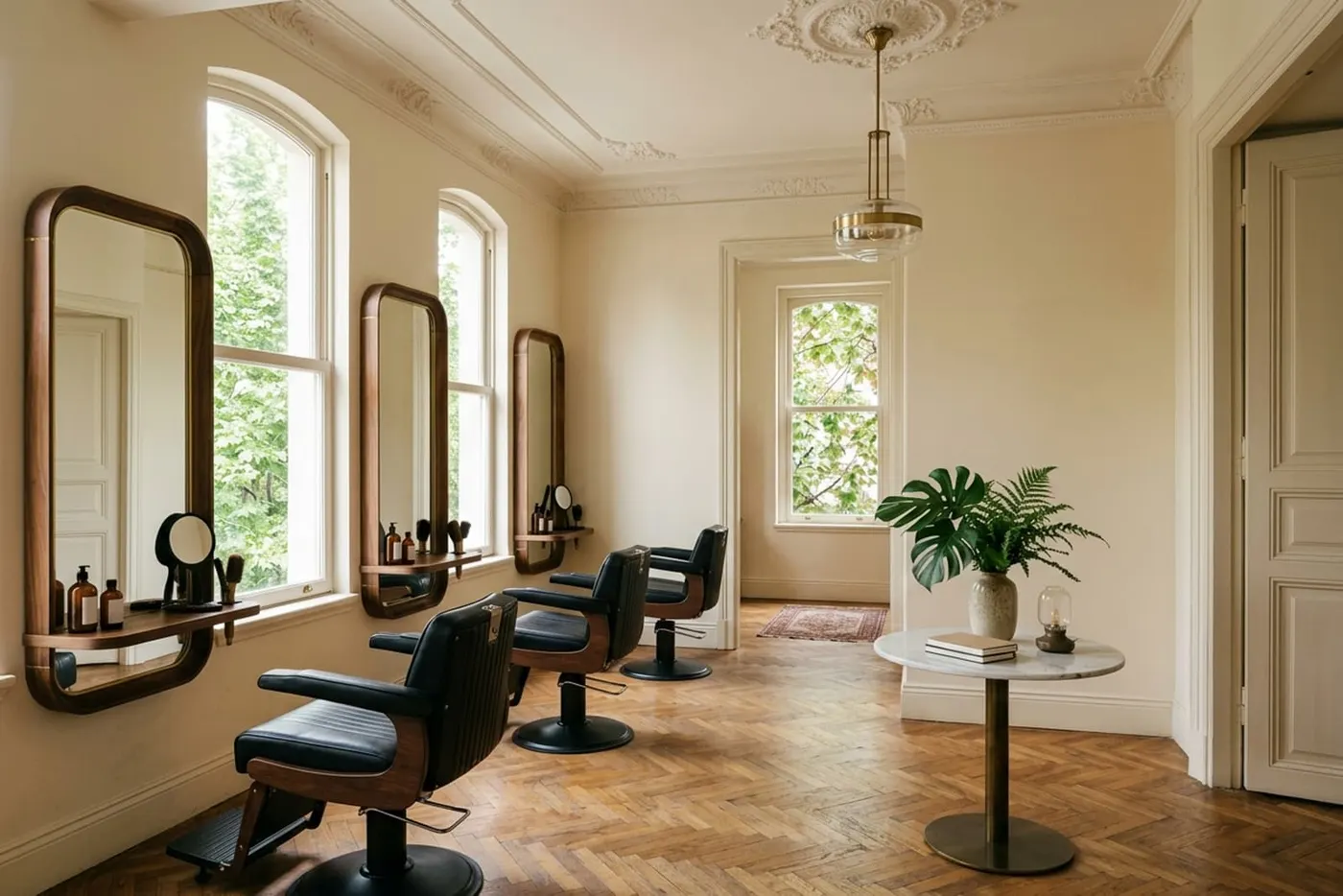Cihangir şubesi: yüksek tavanlı salon, ceviz aynalar ve deri koltuklar