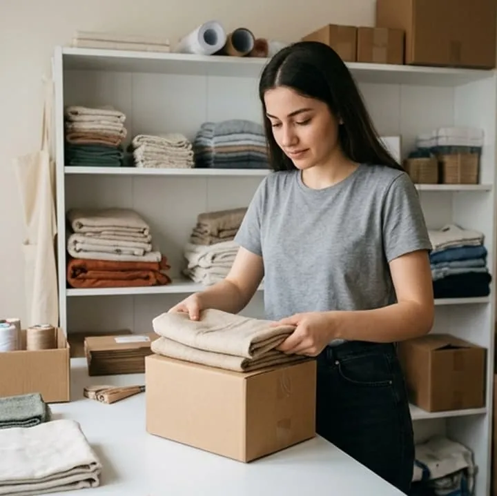 Evinden e-ticaret yapan bir girişimci sipariş paketliyor