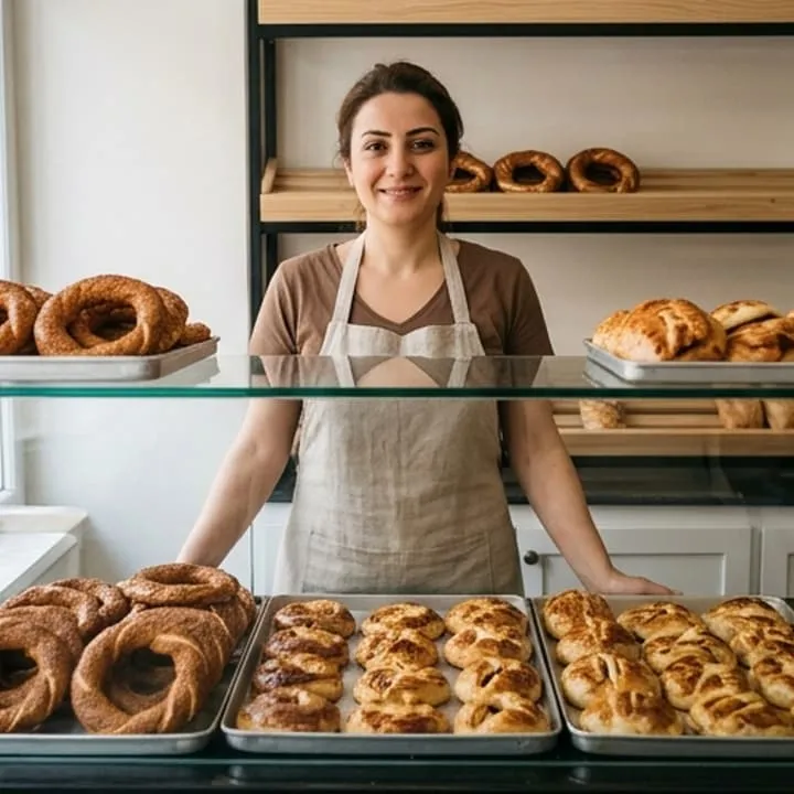 Fırının tezgâhında simit ve poğaçalarla duran işletme sahibi