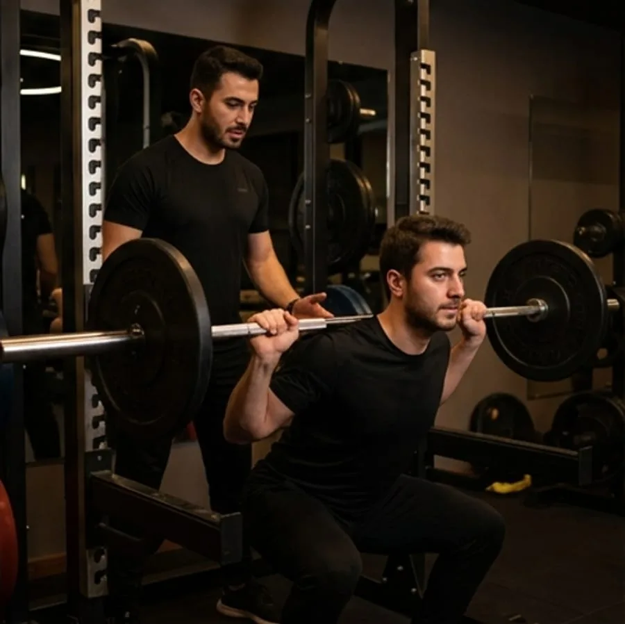 Antrenör, squat yapan üyeyi kafeste yakından izliyor