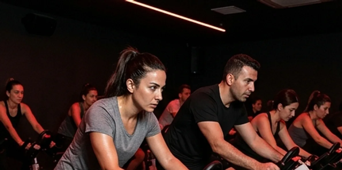 Kırmızı ışıklı spin stüdyosunda bisiklet süren üyeler
