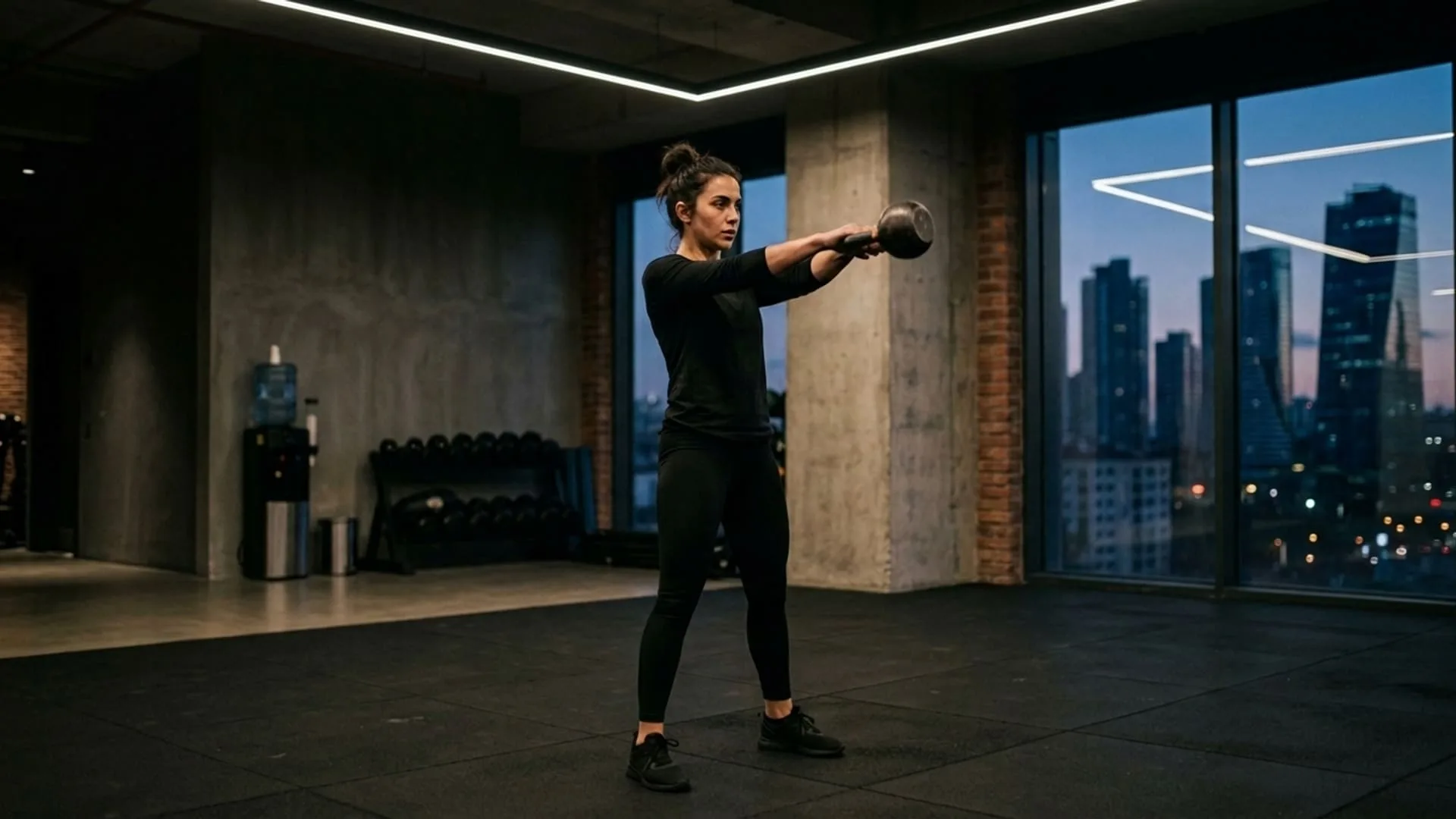 Levent kulübünün kuvvet alanında kettlebell çalışan bir üye, arkada akşam İstanbul siluetli cam cephe