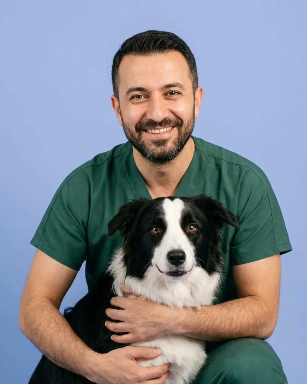 Yeşil önlüklü erkek veteriner hekim siyah beyaz border collie köpeğine sarılmış